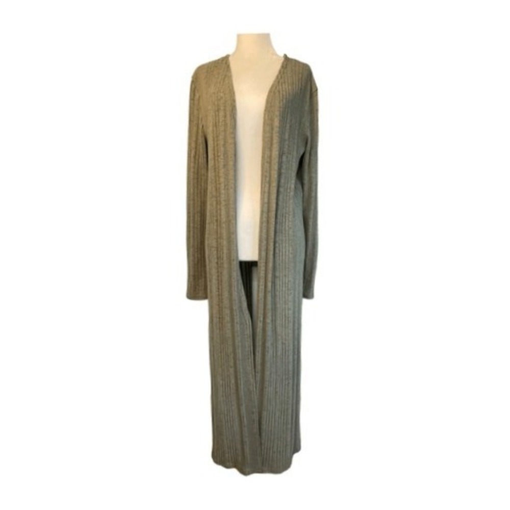 Pink Blush Duster Longline Cardigan Sweater Sage Green Ribbed Knit Open Front